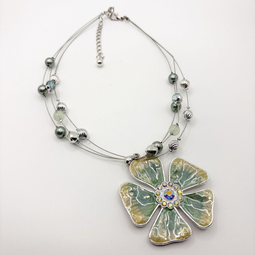 Kenneth Cole Wire Necklace Green Enamel And Rhinestone Signed KC 18”